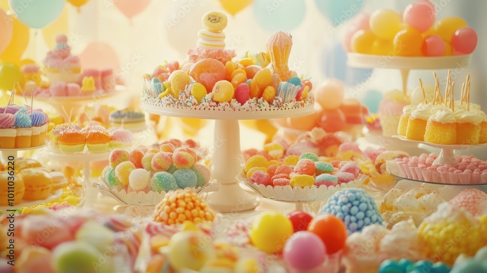 Fototapeta premium A whimsical display of colorful sweetmeats for a children party, creating a festive atmosphere filled with fun.