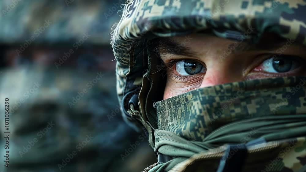Soldier in camouflage gear and helmet stands with a serious expression, embodying strength and determination Soldier in camouflage gear and helmet stands with a serious expression, embodying strength and determination
