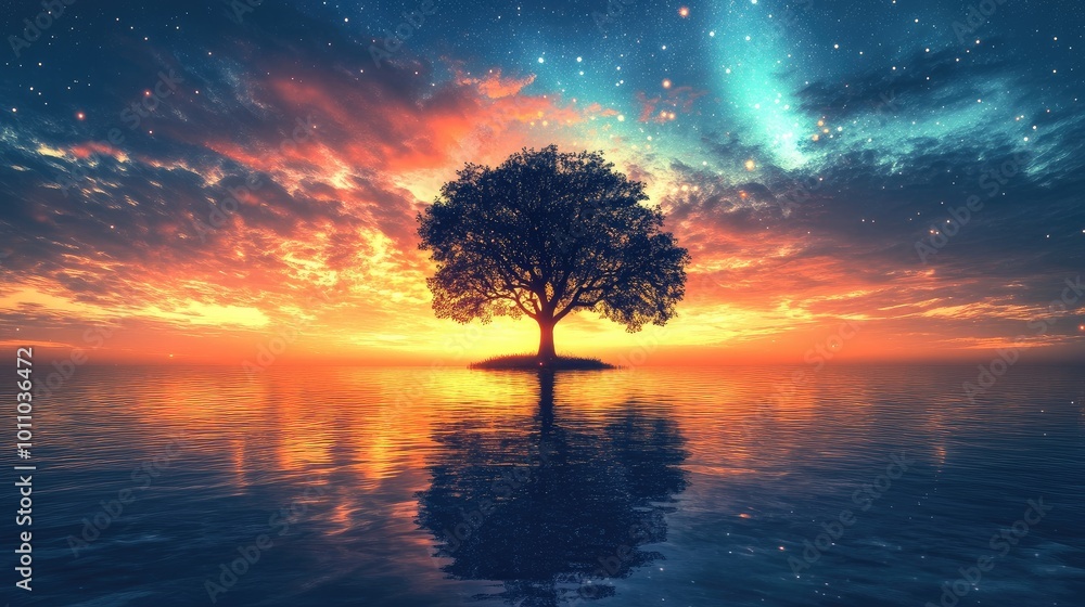 Dramatic scene of a tree surrounded by water at dawn, with colorful northern lights creating a breathtaking sky, no people. Dramatic scene of a tree surrounded by water at dawn, with colorful northern lights creating a breathtaking sky, no people.