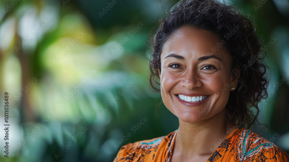 Pacific Islander Woman Coach - smiling, woman, portrait, happiness, outdoors, nature, curly hair, tropical, green, cheerful, bright, relaxed, joyful, adult, close-up, colorful clothes Pacific Islander Woman Coach - smiling, woman, portrait, happiness, outdoors, nature, curly hair, tropical, green, cheerful, bright, relaxed, joyful, adult, close-up, colorful clothes
