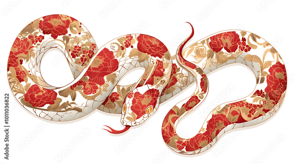 Obraz premium Zodiac Snake animal - symbol sign of Chinese New Year 2025. Red snake with gold oriental pattern skin. Isolated element, clip art illustration