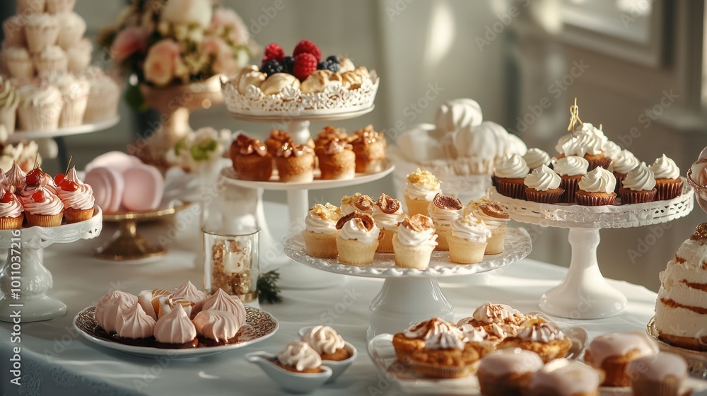 An inviting dessert table at a party, showcasing an array of sweetmeats and desserts, enticing guests to indulge. An inviting dessert table at a party, showcasing an array of sweetmeats and desserts, enticing guests to indulge.