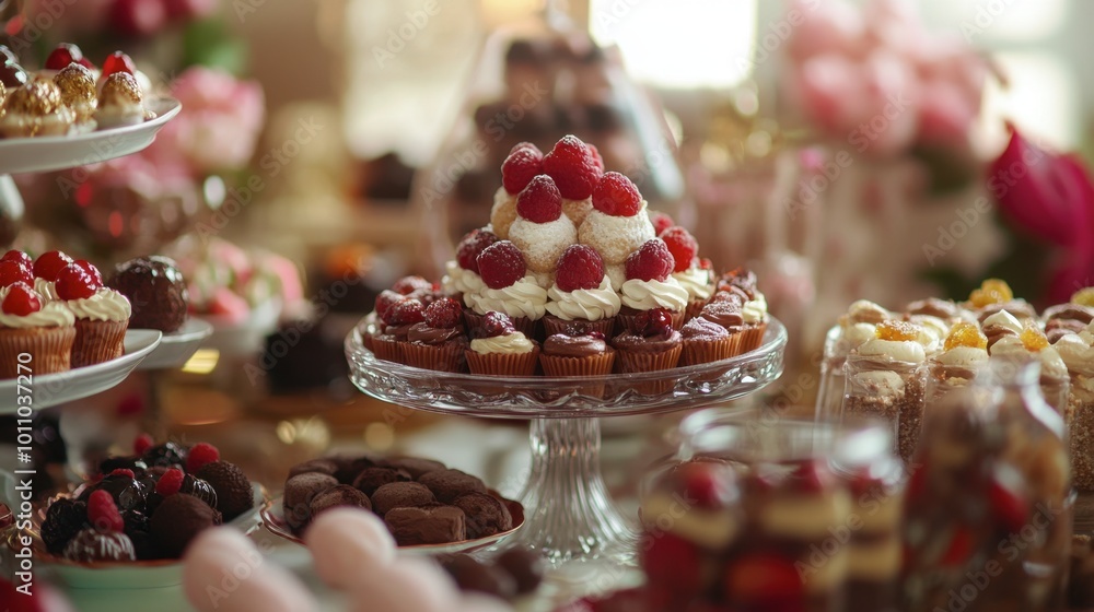 An inviting dessert table at a party, showcasing an array of sweetmeats and desserts, enticing guests to indulge. An inviting dessert table at a party, showcasing an array of sweetmeats and desserts, enticing guests to indulge.