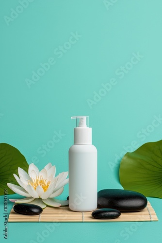 White bottle, lotus flower, and stones on bamboo mat, tranquil teal background.