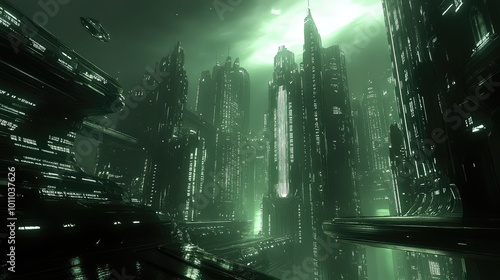 A futuristic cityscape with sleek buildings and advanced technology, illuminated by neon lights against a dark sky.