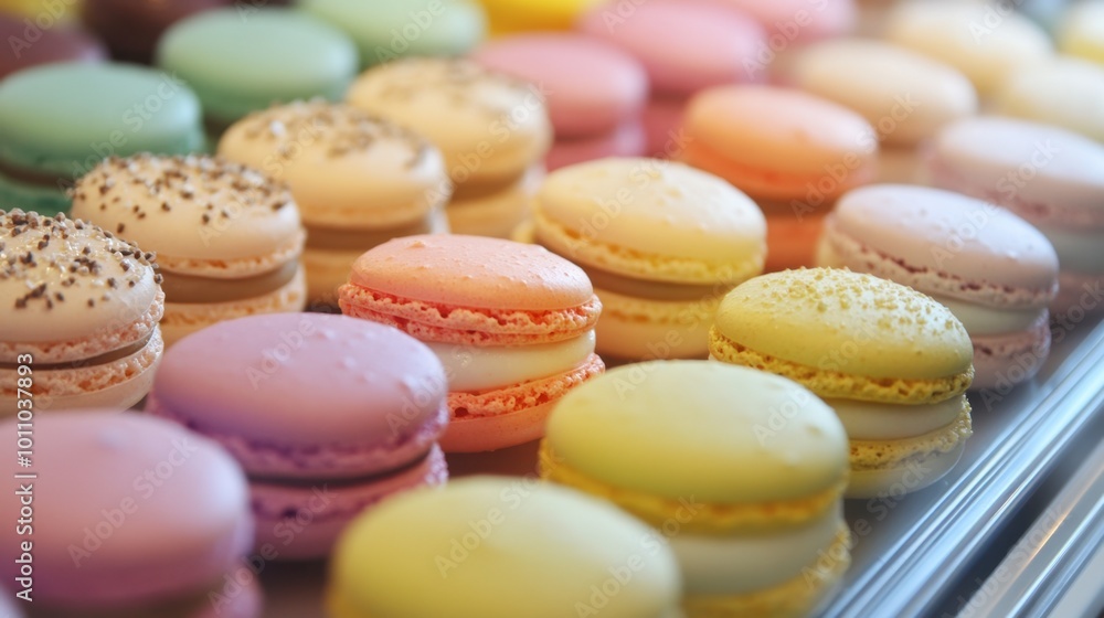 Close-up of vibrant French macarons, a sweetmeat favorite, in a variety of pastel colors. Close-up of vibrant French macarons, a sweetmeat favorite, in a variety of pastel colors.