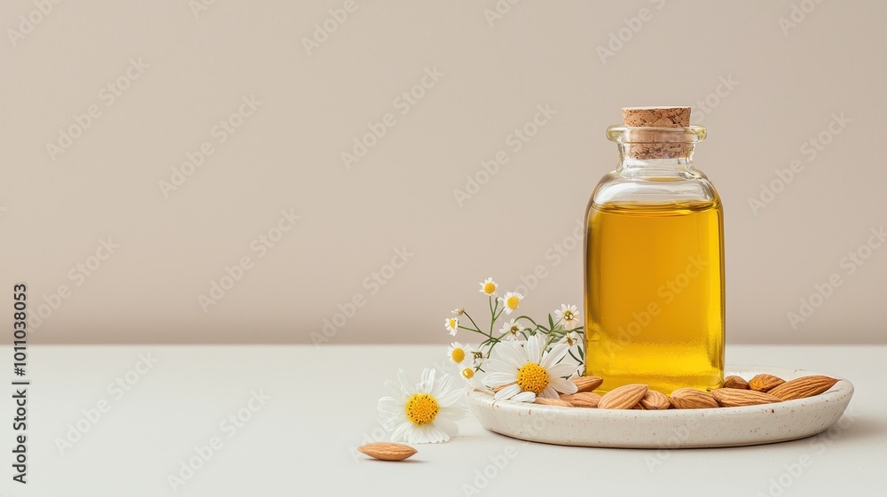 Almond oil bottle with flowers and nuts on a neutral background. Almond oil bottle with flowers and nuts on a neutral background.