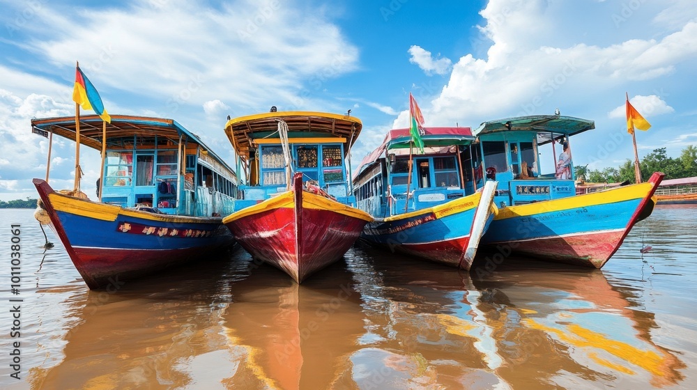 Colorful boats docked on the Mekong River in Nong Khai, ready for a river cruise or fishing adventure. Colorful boats docked on the Mekong River in Nong Khai, ready for a river cruise or fishing adventure.