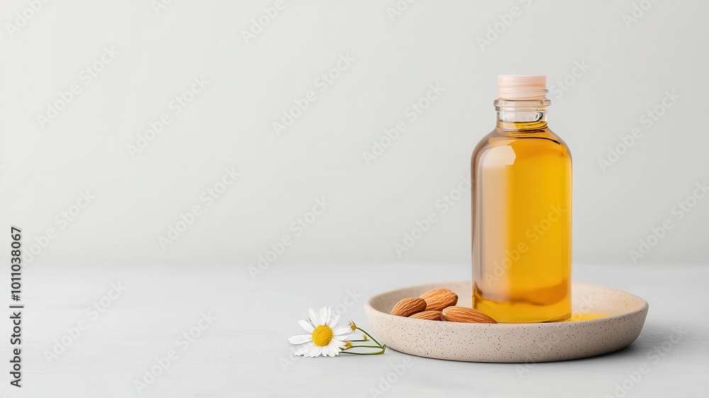 Almond oil bottle with nuts and flower on a wooden plate, white isolated background Almond oil bottle with nuts and flower on a wooden plate, white isolated background