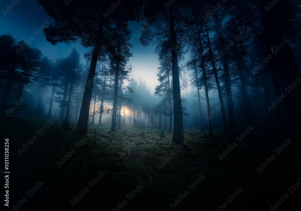 A foggy forest with tall trees, the sun shines through the trees in the distance. A foggy forest with tall trees, the sun shines through the trees in the distance.