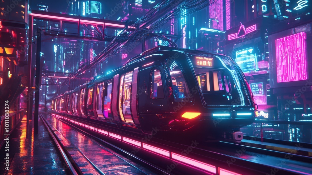 Fototapeta premium A futuristic train traveling through a neon-lit city, creating a dynamic and energetic atmosphere against a night sky.