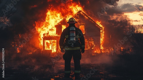 Heroic Firefighter Approaching House Engulfed in Flames, Ready to Fight the Fire