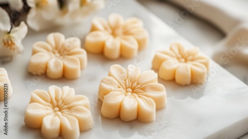 Delicate almond sweetmeats in the shape of flowers, displayed on a white marble board.