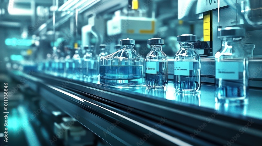 Bottles of blue liquid on a conveyor belt in a sterile laboratory setting. Bottles of blue liquid on a conveyor belt in a sterile laboratory setting.