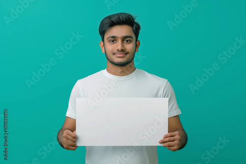 A young man of Indian appearance with a smile on his face in a white T-shirt and with a white sign in his hands, on a light blue background. Advertising banner. photo