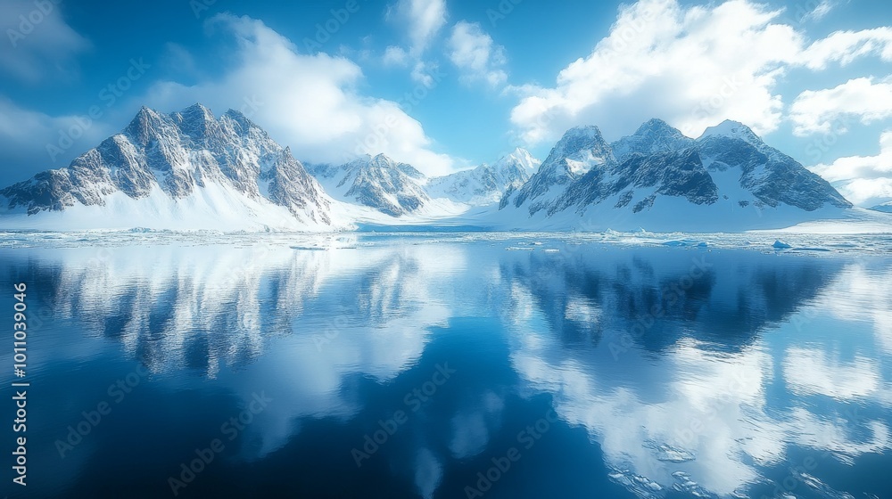 Majestic Snowy Mountains Reflected in Calm Lake at Dawn Majestic Snowy Mountains Reflected in Calm Lake at Dawn
