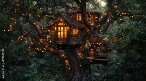 A magical treehouse nestled in the branches of a giant tree, illuminated by fairy lights and surrounded by lush greenery.