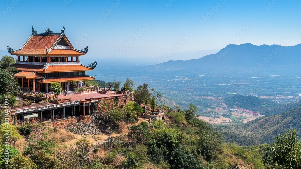 Fototapeta premium Nong Khai impressive Phu Thok temple, perched high on a mountain with sweeping views of the region.