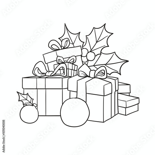 christmas gift boxes with balls and leaves for coloring book
