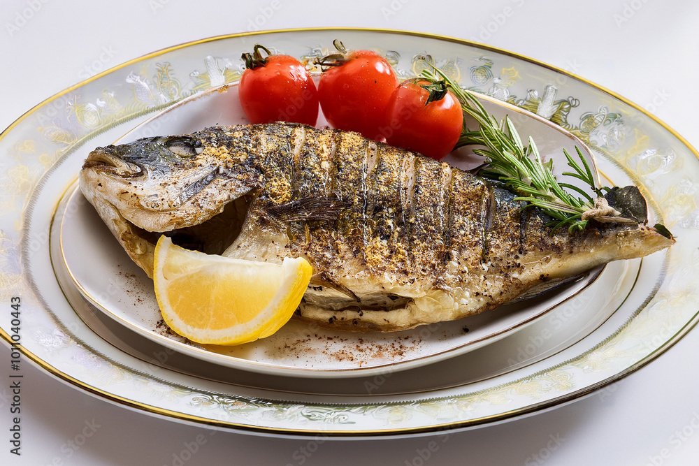 Grilled Fish Garnished with Lemon and Herbs Grilled Fish Garnished with Lemon and Herbs