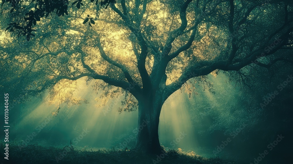 A massive tree with iridescent leaves, standing alone in a misty forest, surrounded by ethereal light filtering through the branches. A massive tree with iridescent leaves, standing alone in a misty forest, surrounded by ethereal light filtering through the branches.