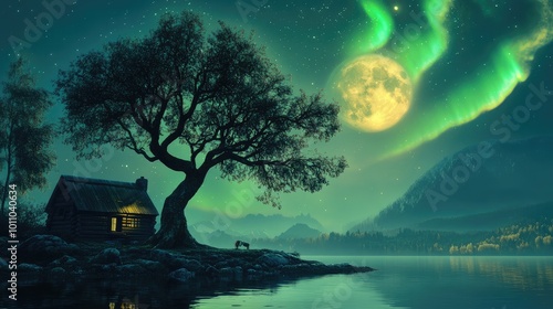 Magical landscape featuring a treeas shadow standing in water under a full moon and northern lights, with a peaceful cottage's shadow nearby. photo