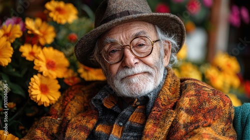 An elderly man with a gray beard sits comfortably among vibrant yellow flowers in a cozy garden setting