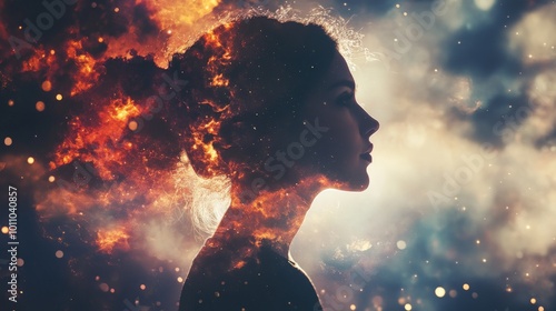 Silhouette of a woman with fire in her head against a cosmic background.