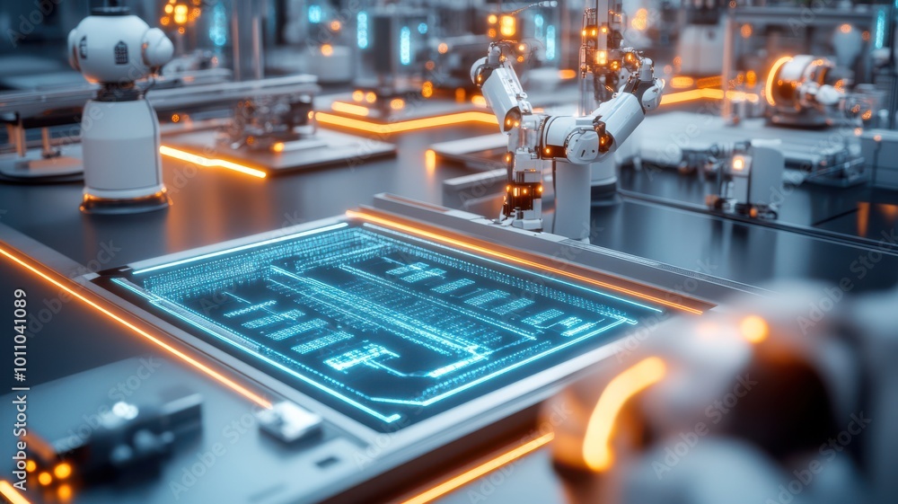Futuristic robotic workspace showcasing high-tech machinery and advanced displays in a modern industrial setting. Futuristic robotic workspace showcasing high-tech machinery and advanced displays in a modern industrial setting.