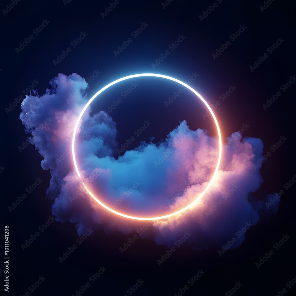 3d render, abstract cloud illuminated with neon light ring on dark night sky. Glowing geometric shape, round frame, generative ai
3d render, abstract cloud illuminated with neon light ring on dark night sky. Glowing geometric shape, round frame, generative ai