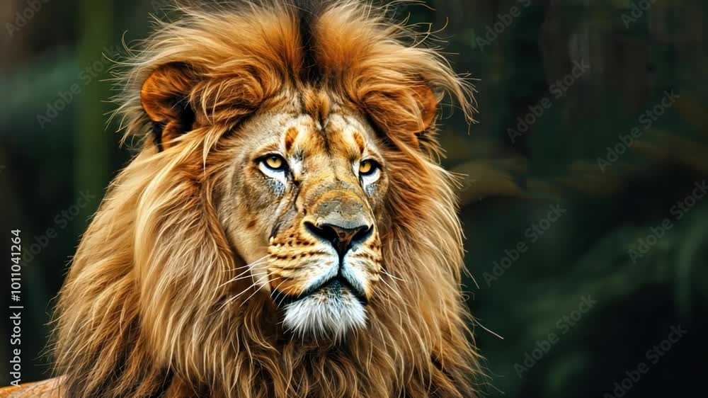 Animal close-up, a lion's mane blowing in the wind, eyes locked on its prey. Animal close-up, a lion's mane blowing in the wind, eyes locked on its prey.