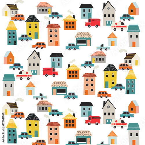 Seamless pattern with cute houses and cars. Vector illustration
 photo