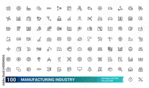 Industrial Manufacturing icon set for design elements. Engineering, Production activities. Editable stroke. Vector illustration.