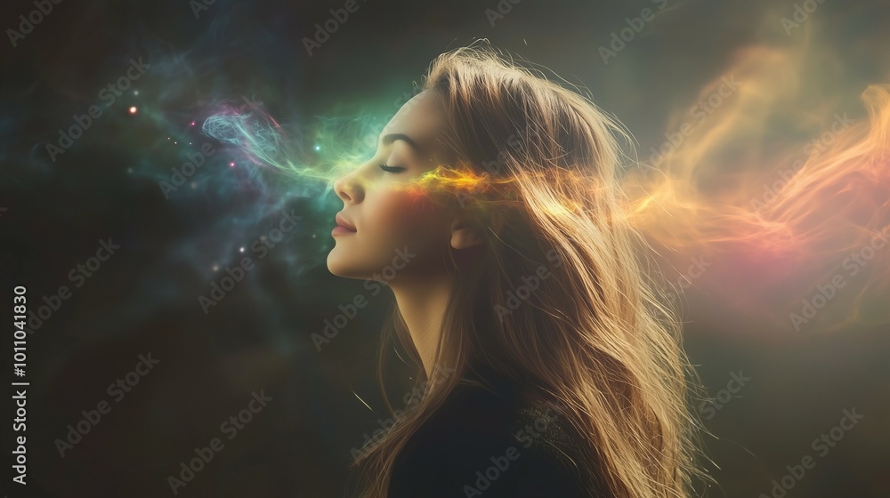 Woman mental health relaxation concept with mysterious positive natural energy aura around Woman mental health relaxation concept with mysterious positive natural energy aura around