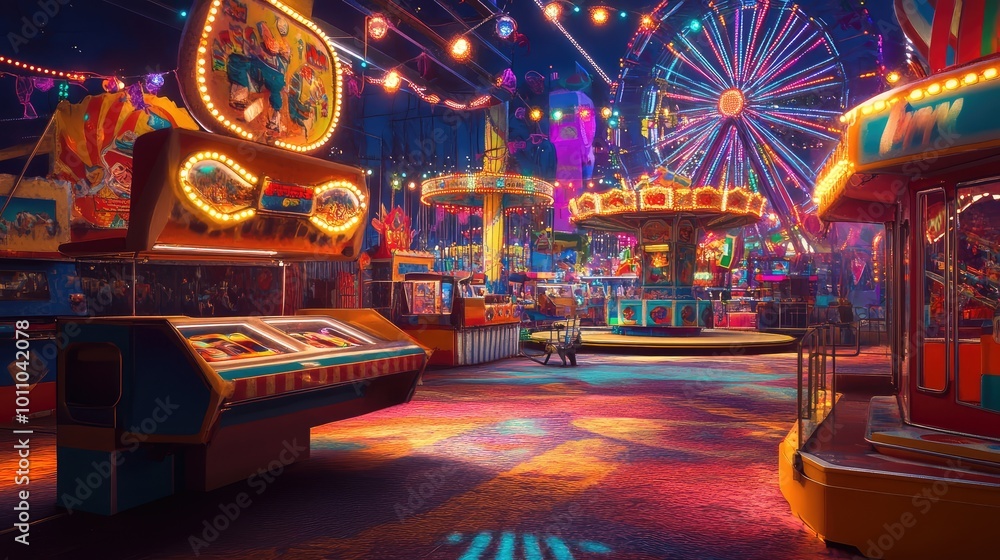 A retro carnival scene with colorful rides and games, illuminated by bright lights and filled with joyful energy. A retro carnival scene with colorful rides and games, illuminated by bright lights and filled with joyful energy.