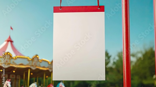 Blank banner draped between two poles next to a carousel, with children riding painted horses in the background