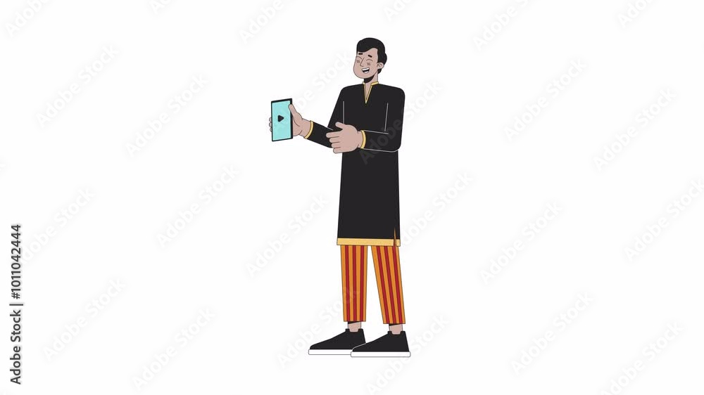 Excited giggling indian man pointing on cellphone 2D character animation. Hindu festival Deepawali cartoon 4K video, alpha channel. Young adult south asian guy animated person on white background Excited giggling indian man pointing on cellphone 2D character animation. Hindu festival Deepawali cartoon 4K video, alpha channel. Young adult south asian guy animated person on white background