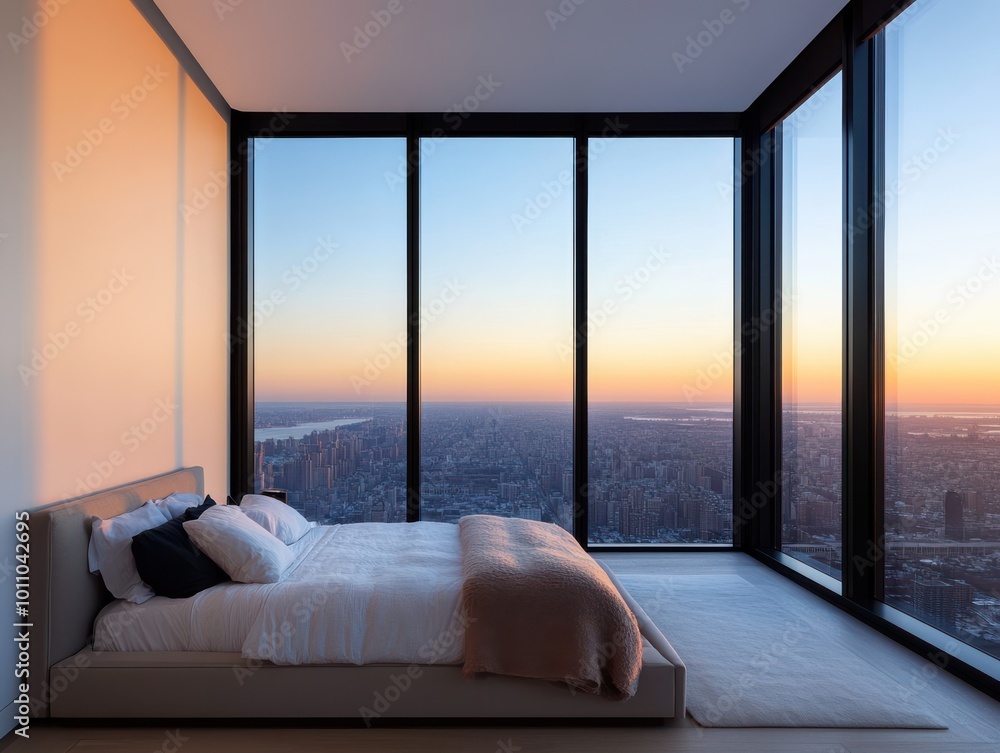 Fototapeta premium Modern bedroom with panoramic windows showcasing a stunning sunset view over the city skyline, featuring stylish decor and serenity.