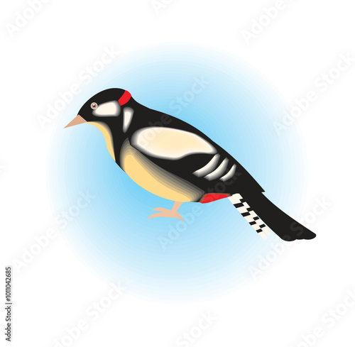 A bird with a red beak is shown on a white background