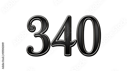 black metal 3d design of number 340 on white background.