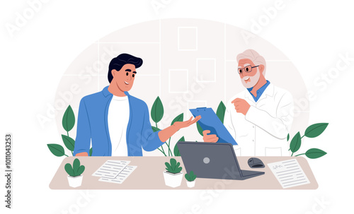 Medicine, healthcare and people concept. Doctor talking to patient in hospital. Doctor and patient with good news, health results, advice and report.