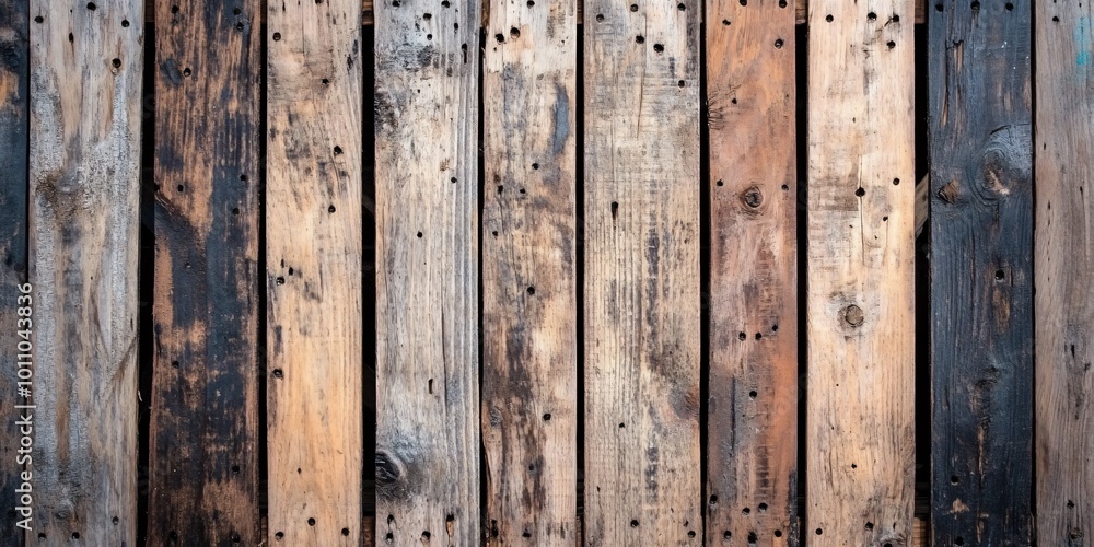 Closeup of weathered, rustic wood planks with knots, holes, and different shades of brown. Closeup of weathered, rustic wood planks with knots, holes, and different shades of brown.