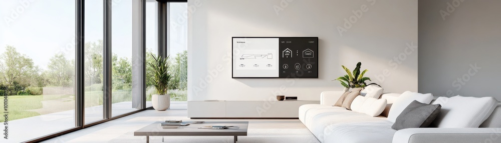Modern living room with sleek furniture, large windows, and a flat-screen TV showcasing minimalist design and natural light. Modern living room with sleek furniture, large windows, and a flat-screen TV showcasing minimalist design and natural light.