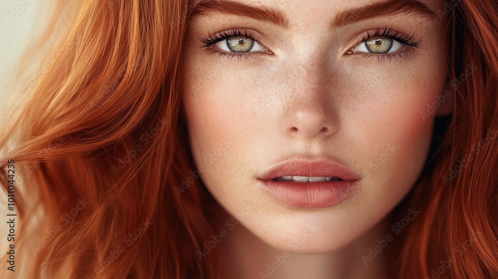 Portrait of a beautiful red-haired woman with striking green eyes and long, smooth hair in a soft gradient background Portrait of a beautiful red-haired woman with striking green eyes and long, smooth hair in a soft gradient background