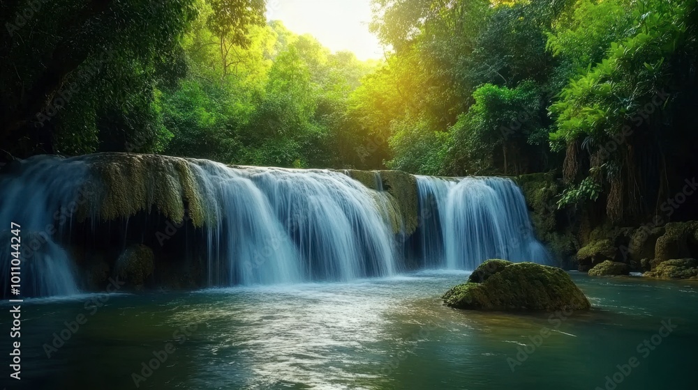 Obraz premium The serene beauty of Nong Khai Ban Muang waterfalls, hidden gems surrounded by tropical greenery.