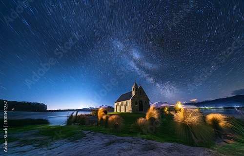 A small stone church stands in front of a lake with snow-capped mountains in the distance. The sky above is filled with star trails and the milky way.