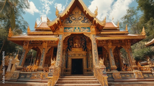 The stunning entrance to Wat Hai Sok temple, adorned with intricate gold detailing and colorful murals.