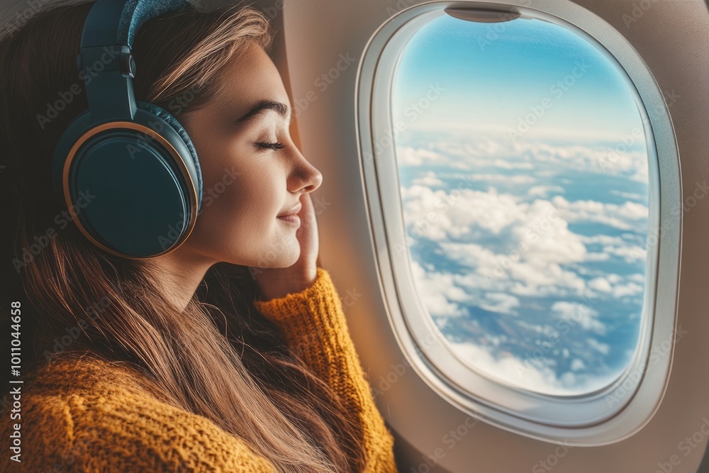 happy young woman sitting by the window on the plane, listen to music and smiling happy young woman sitting by the window on the plane, listen to music and smiling