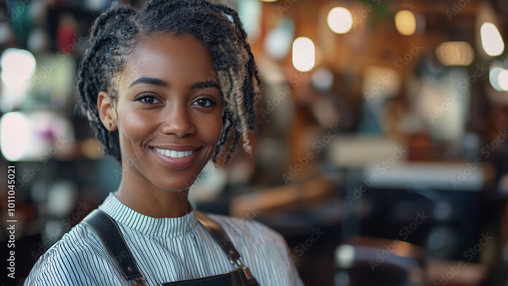 African American Black Woman Barber - portrait, woman, smile, hair, lighting, blurred background, apron, bokeh, confident, cheerful, fashion, casual, workspace, professional, vibrant African American Black Woman Barber - portrait, woman, smile, hair, lighting, blurred background, apron, bokeh, confident, cheerful, fashion, casual, workspace, professional, vibrant