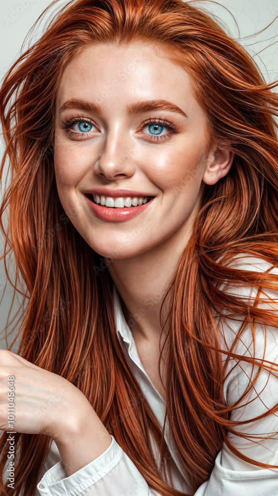 Fototapeta premium A Mesmerizing Gaze: Woman with red Bangs Holds Viewers Captive 